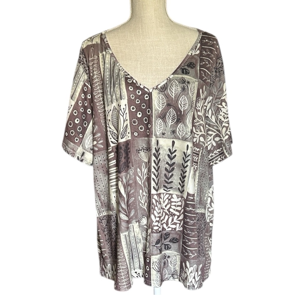 Unbranded Square Pattern with leaves V-Neck Top Short Sleeves Brown & Green 4XL